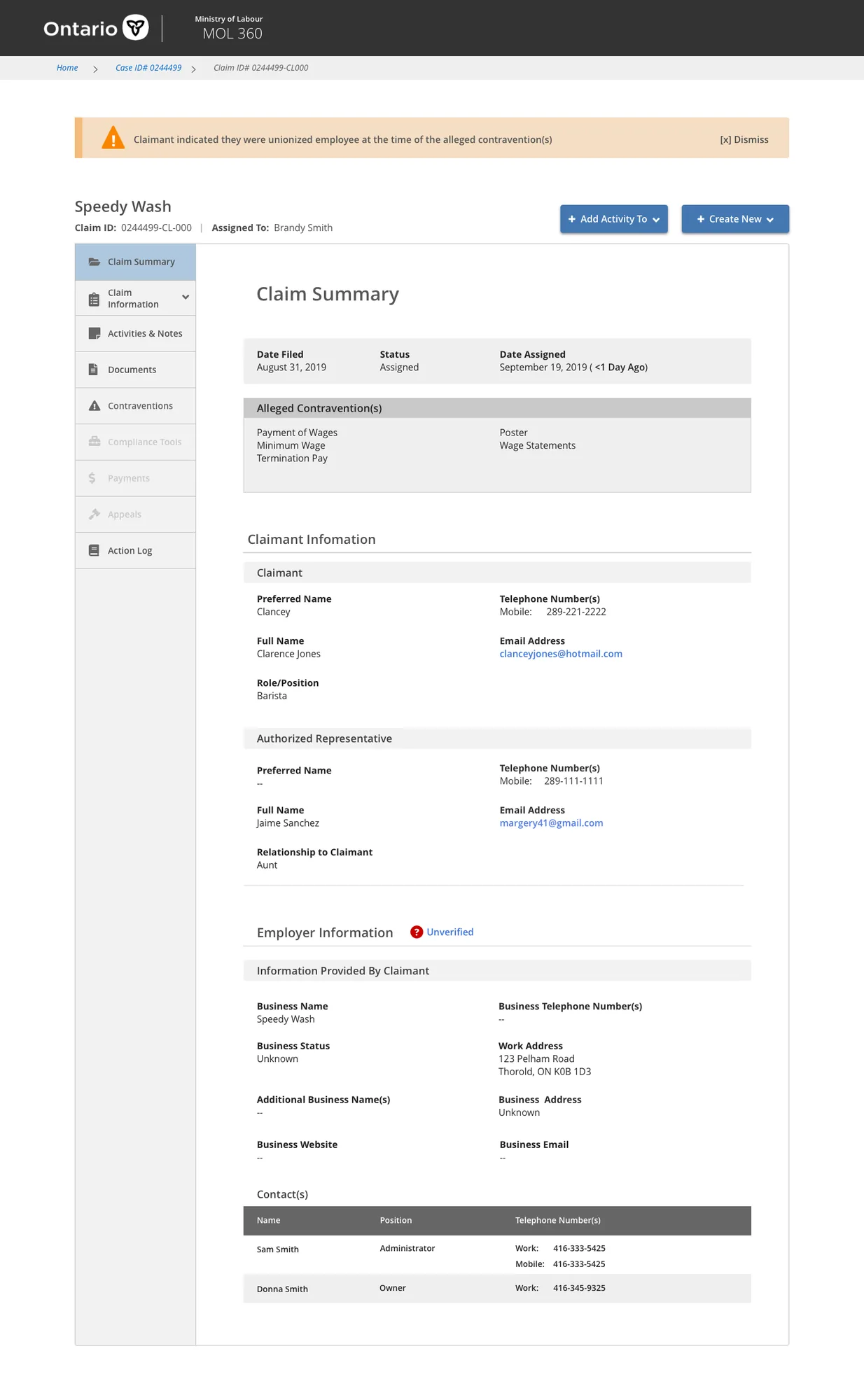 Claim summary