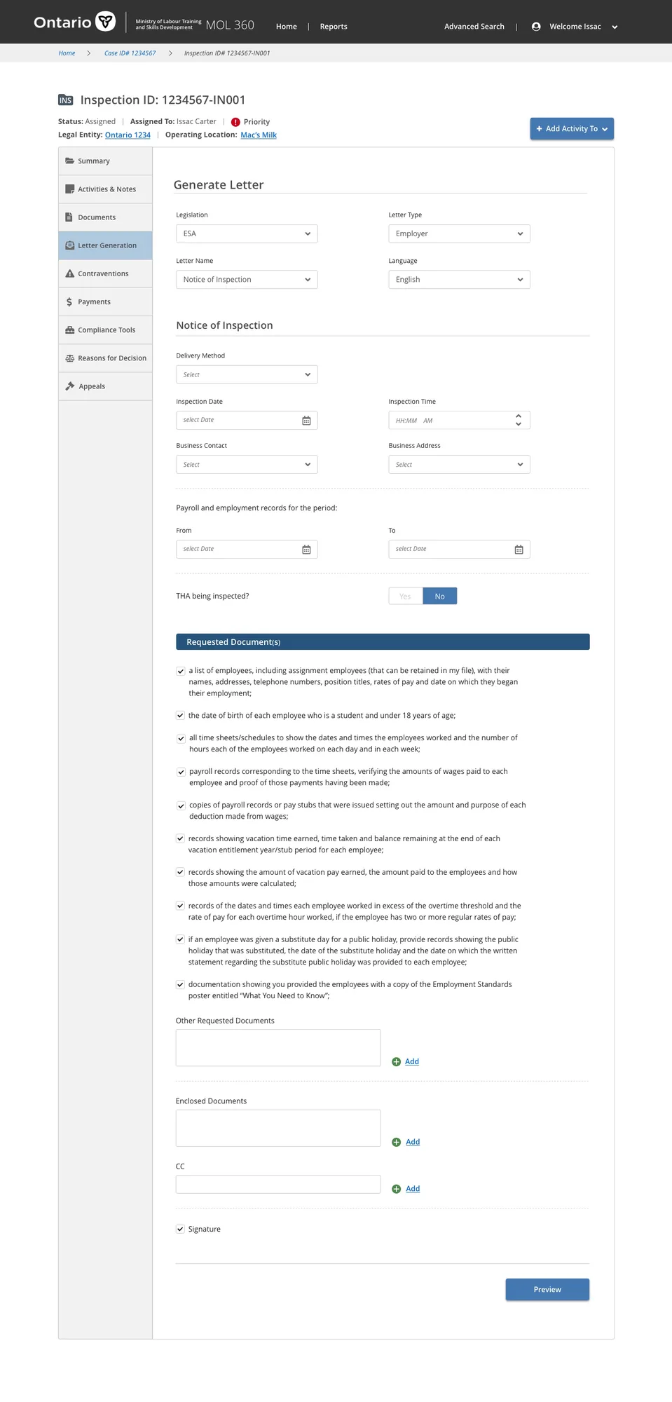 Employment Standards Assessment screen