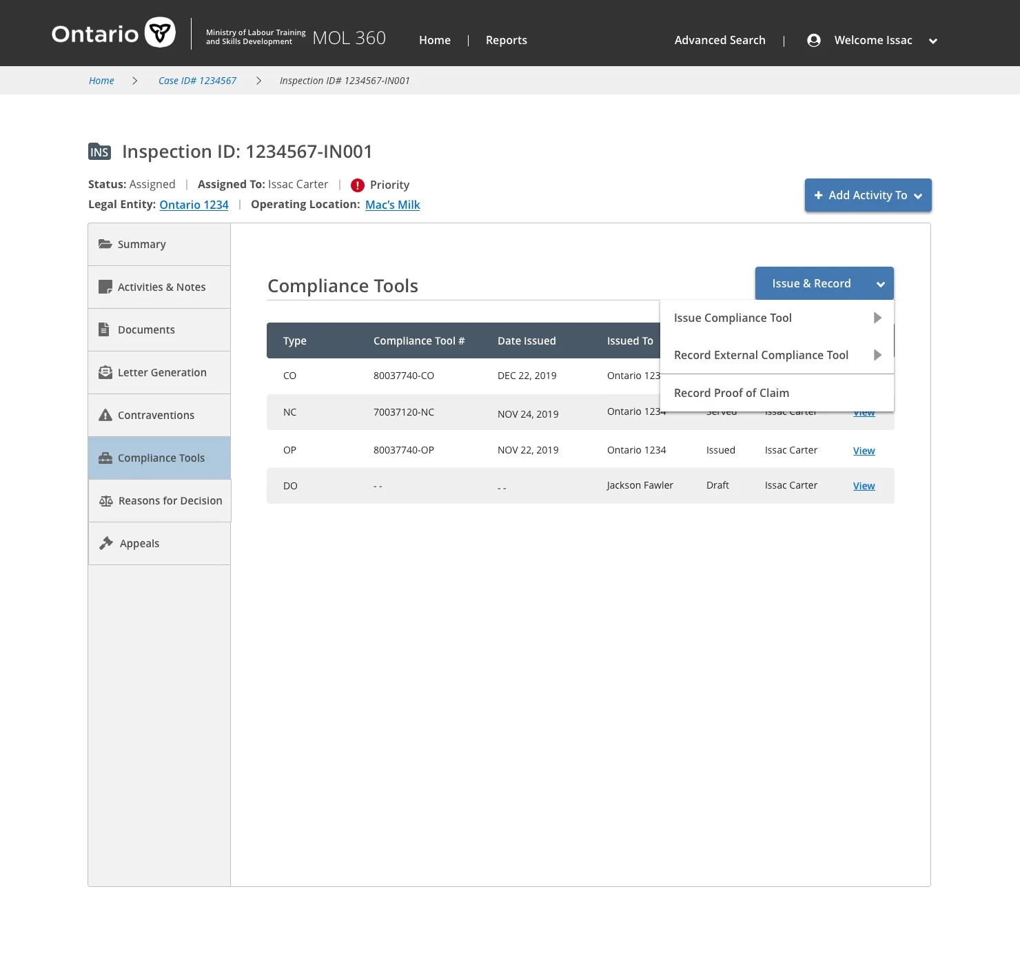 Compliance Tools dashboard